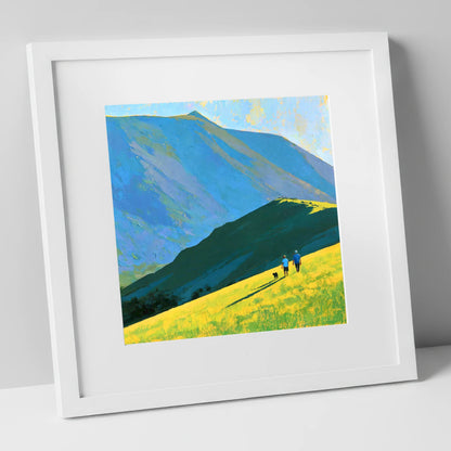 Sunlit Dog Walk Below Blencathra gifts for dog walkers art print in white frame