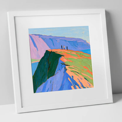 Hikers on a Vibrant Fell Top lake district fell art print in white frame