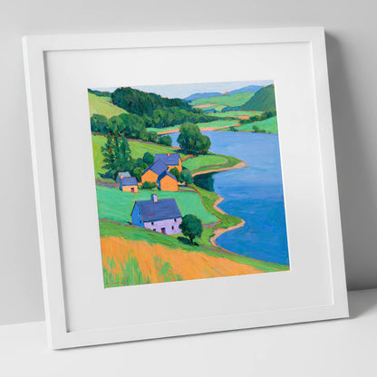 Vivid Lakeside Village and Fells lake district village art print in white frame