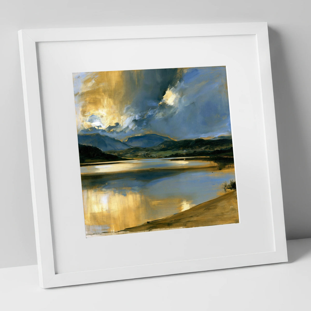 Ochre Dawn Over Still Lake lake district lake art print in white frame