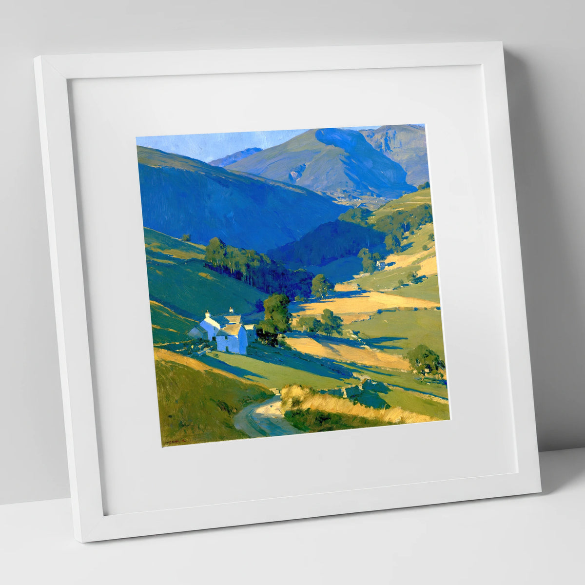 Valley Farm in Evening Light lake district sky art print in white frame