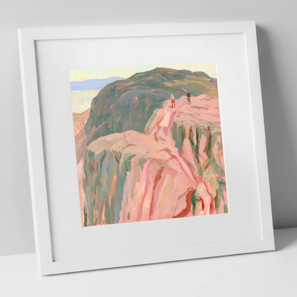 Climbers on a Rosy Crag lake district walking art print in white frame