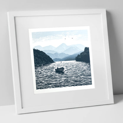 Coniston Water in Deep Navy lake district lake art print in white frame