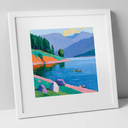 Vivid Kayaker on the Lake lake district walking art print in white frame