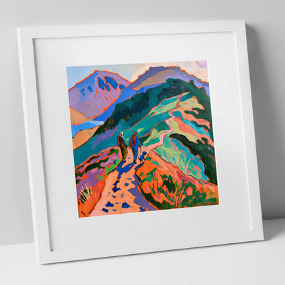 Colourful Haystacks Walk With Dog gifts for dog walkers art print in white frame