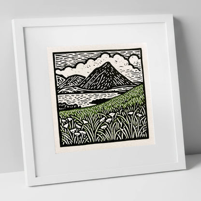 Bold Catbells and Wild Grasses lake district fell art print in white frame