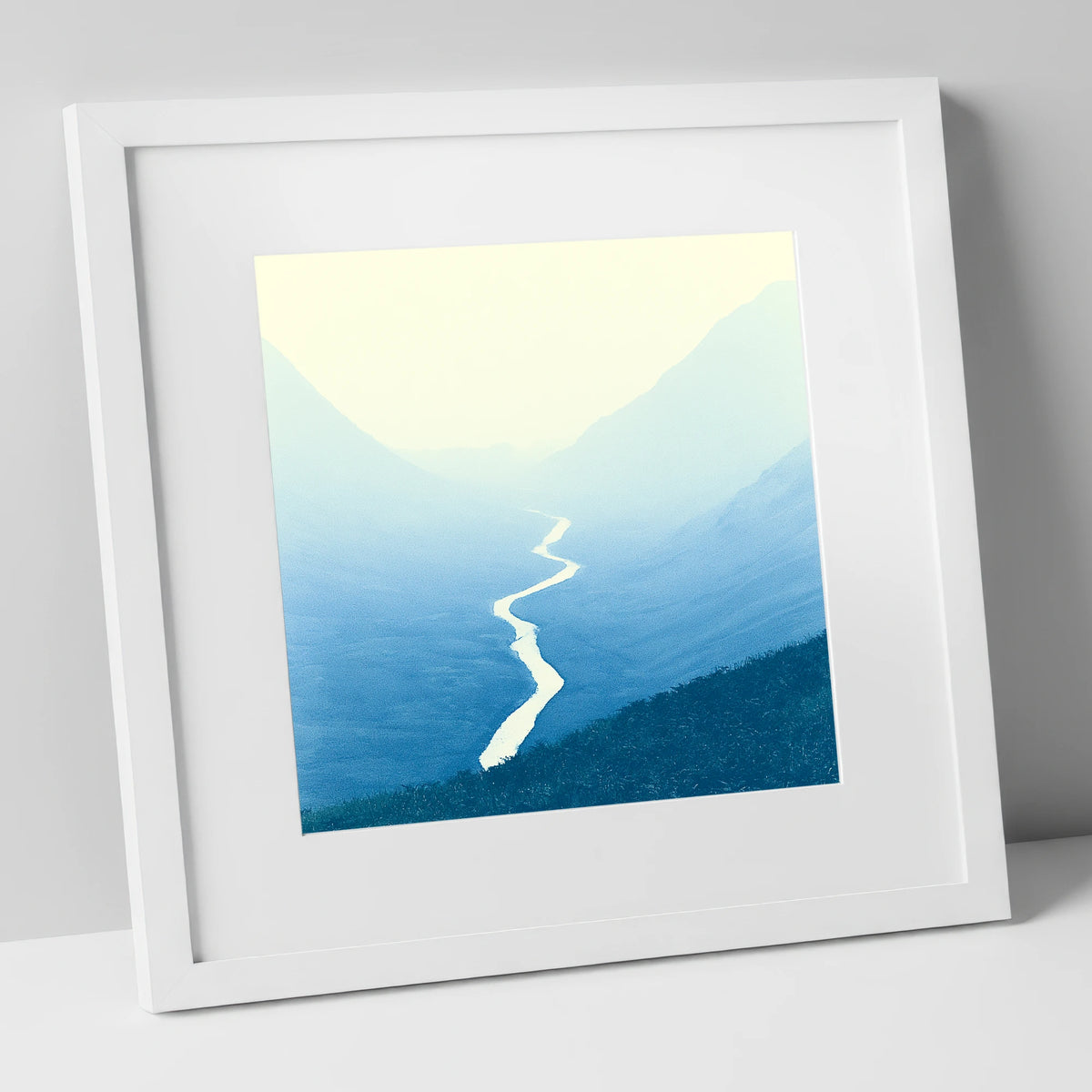Blue Valley Winding River lake district waterfall art print in white frame