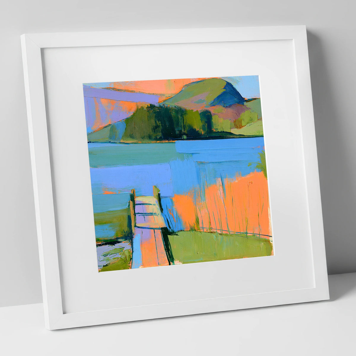 Vibrant Grasmere Wooden Jetty lake district lake art print in white frame