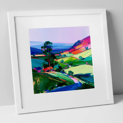 Vibrant Patchwork Dale Fields lake district valley art print in white frame