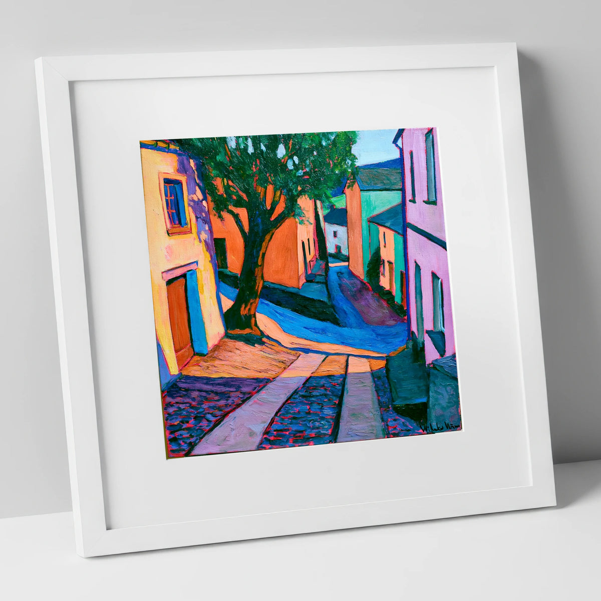 Cobbled Village Street in Vivid Colour lake district village art print in white frame