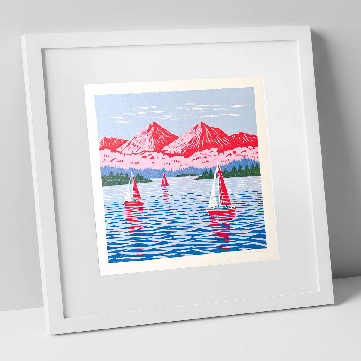 Windermere Sailboats Beneath Pink Fells lake district lake art print in white frame