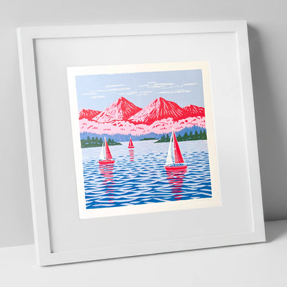 Windermere Sailboats Beneath Pink Fells lake district lake art print in white frame