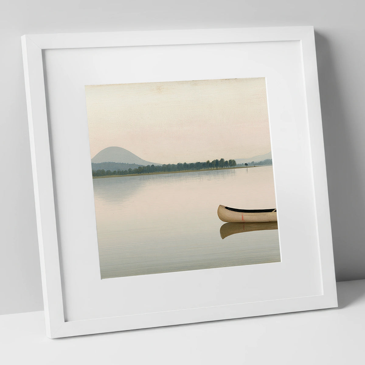 Wooden Canoe on Pale Windermere lake district lake art print in white frame