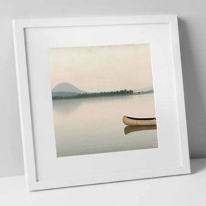 Wooden Canoe on Pale Windermere lake district lake art print in white frame