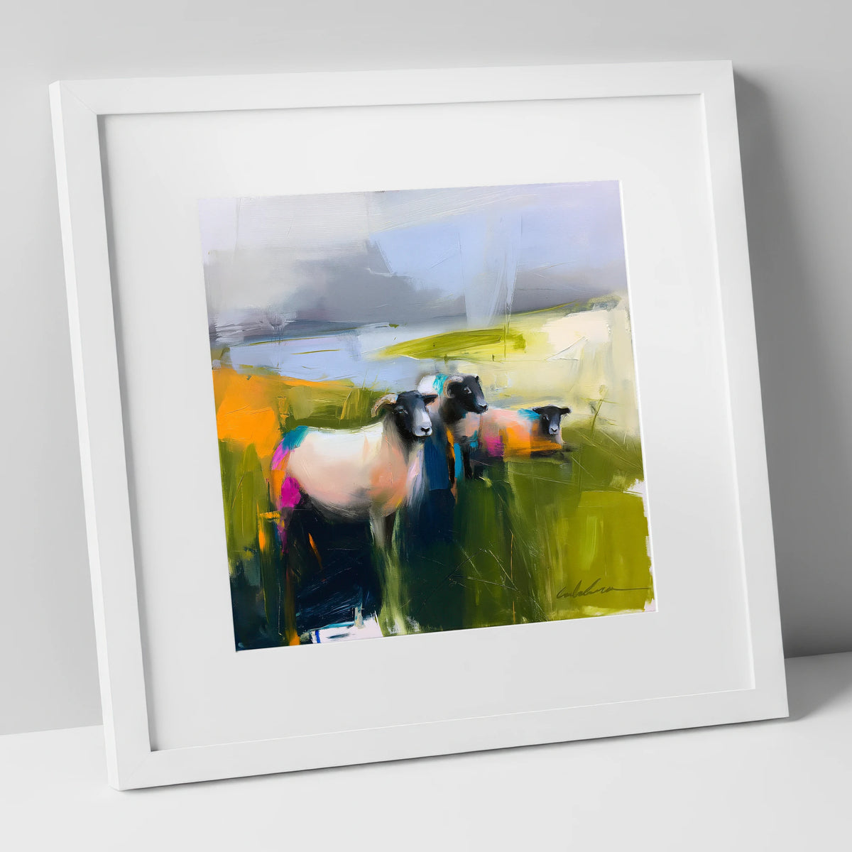 Vibrant Herdwick Sheep on Fellside lake district wildlife art print in white frame