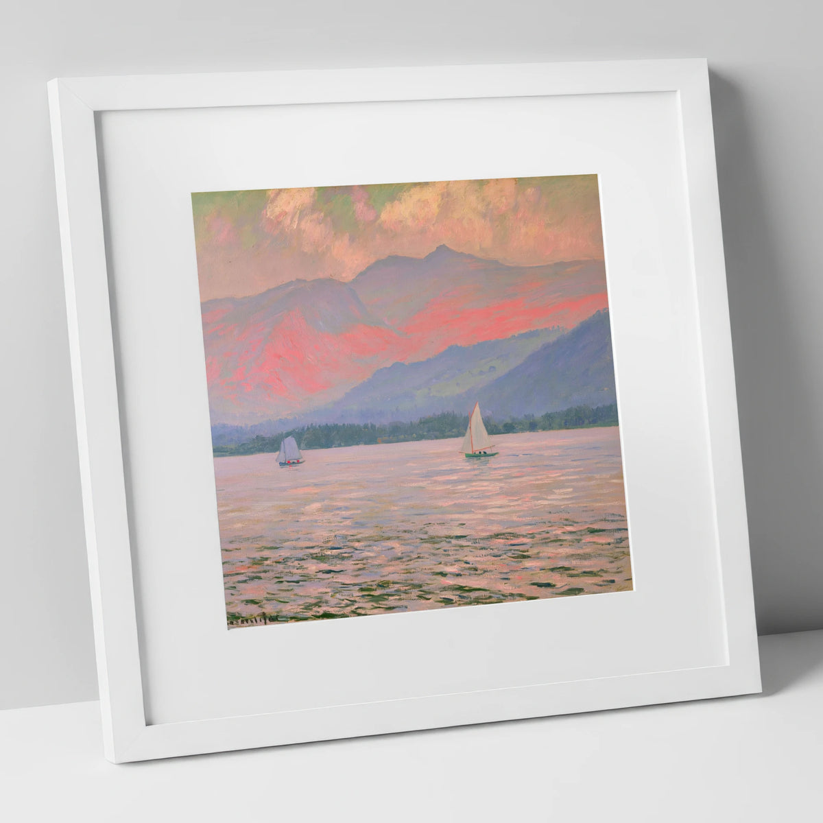 Windermere Sailboats In Rose Light lake district lake art print in white frame