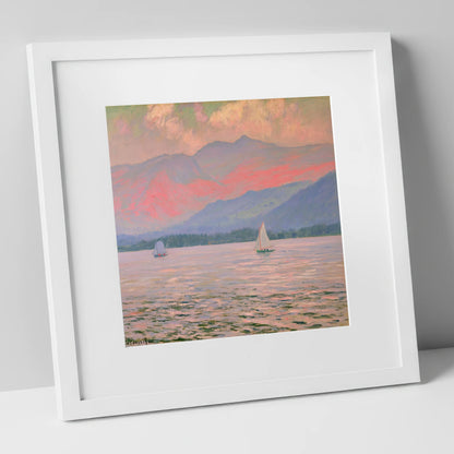 Windermere Sailboats In Rose Light lake district lake art print in white frame