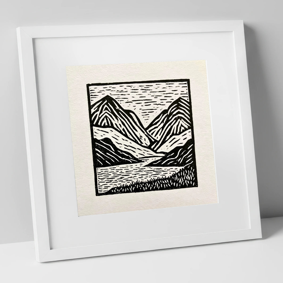 Lake and Fells in Monochrome lake district lake art print in white frame