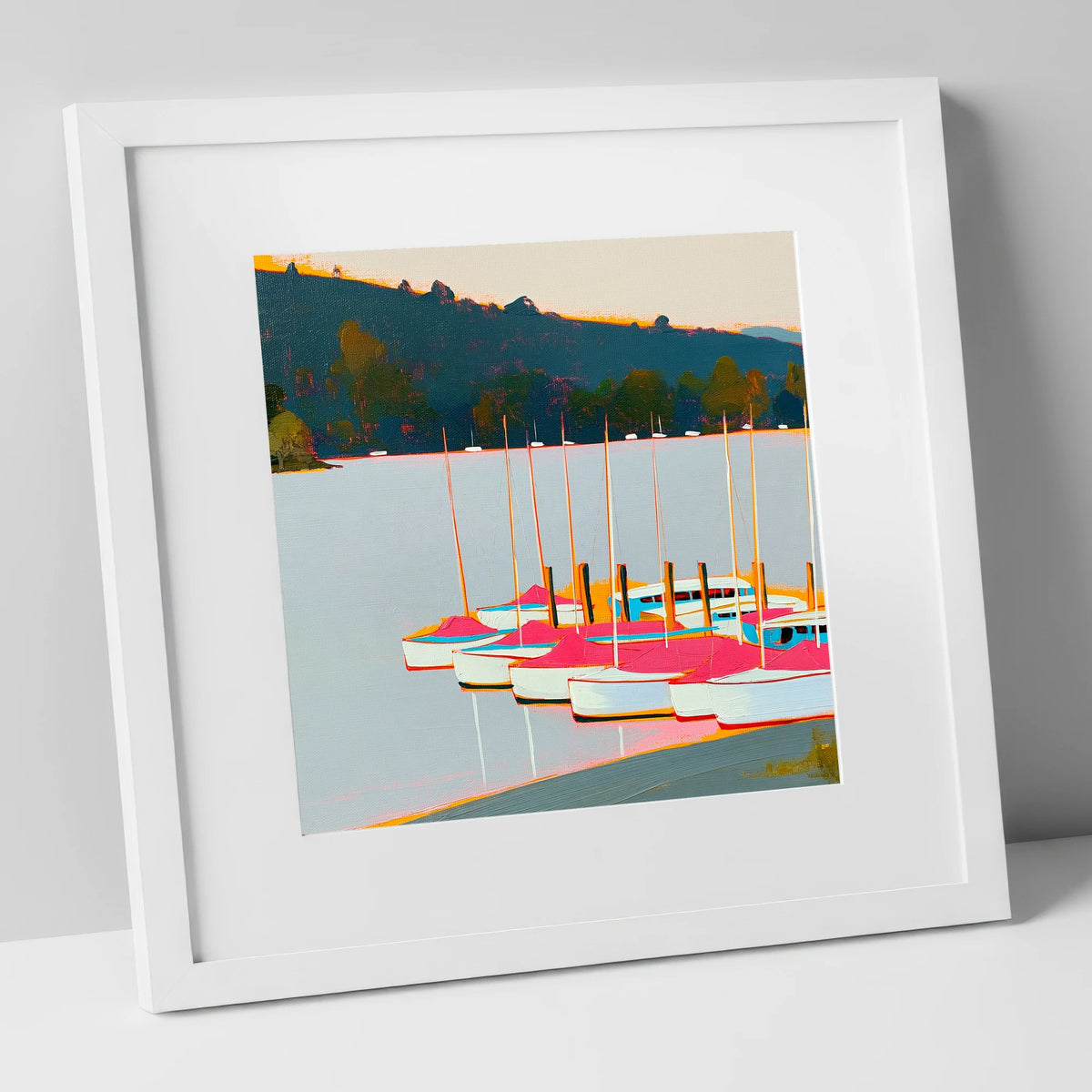 Vibrant Pink Boats on Windermere lake district lake art print in white frame