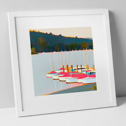 Vibrant Pink Boats on Windermere lake district lake art print in white frame
