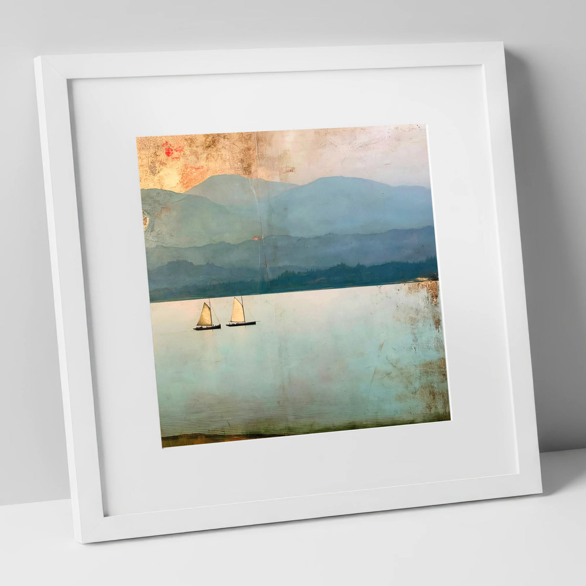 Windermere Sailboats Beneath Ochre Skies lake district lake art print in white frame
