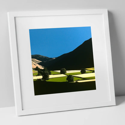 Dale Patchwork in Deep Shadow lake district valley art print in white frame