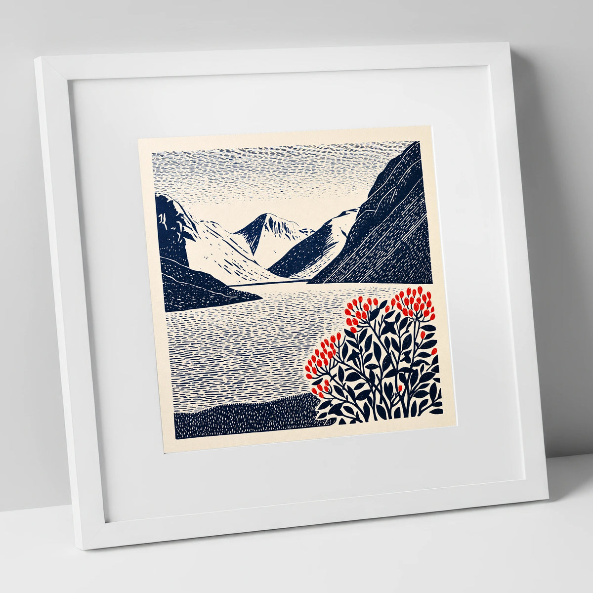 Wastwater Fells and Red Berries lake district lake art print in white frame