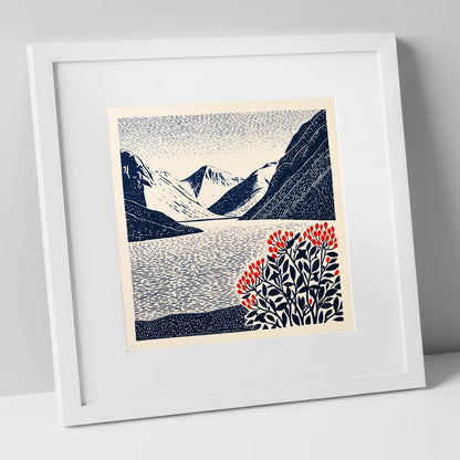 Wastwater Fells and Red Berries lake district lake art print in white frame