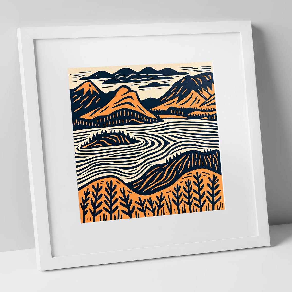 Derwentwater Island in Orange and Navy lake district lake art print in white frame