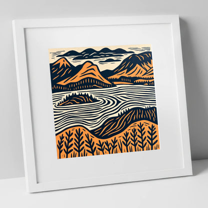 Derwentwater Island in Orange and Navy lake district lake art print in white frame