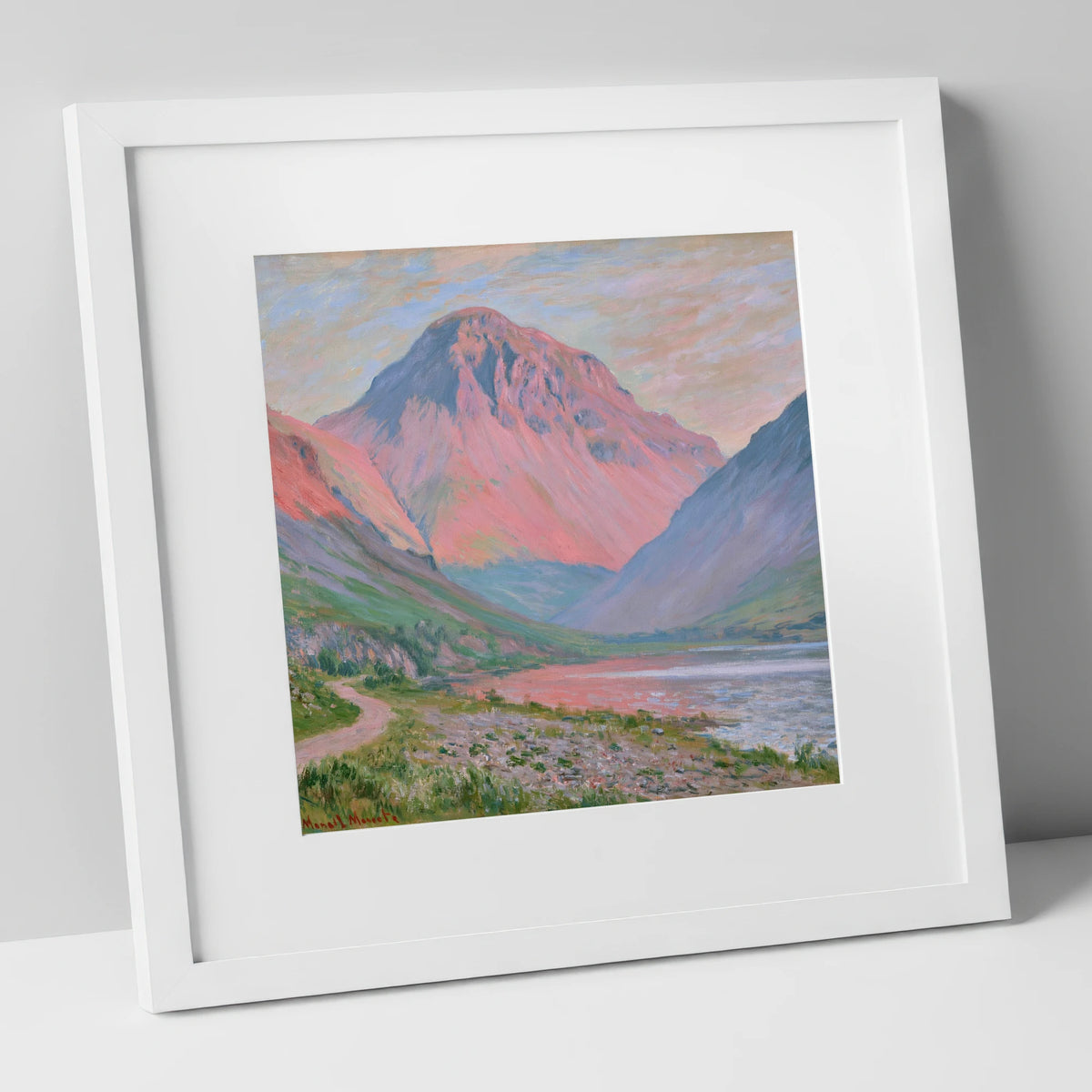 Pink Light Over Great Gable lake district fell art print in white frame