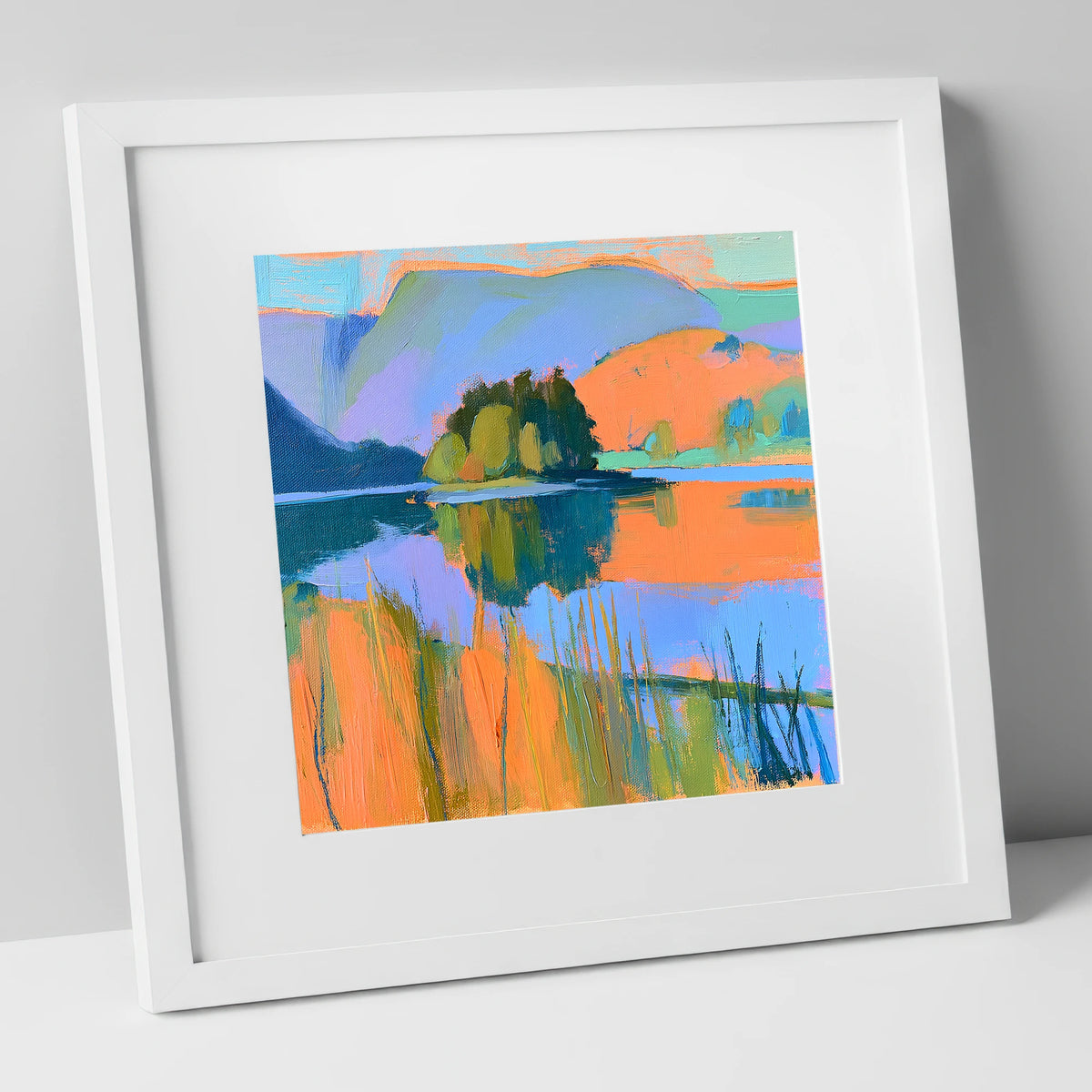 Vibrant Grasmere and Wooded Island lake district lake art print in white frame