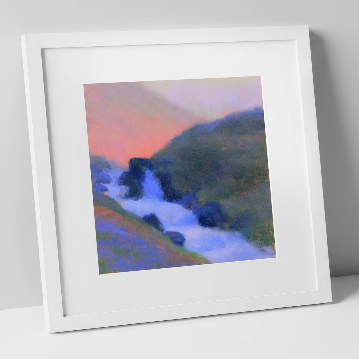 Fellside Beck in Peach Twilight lake district waterfall art print in white frame
