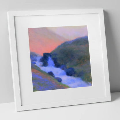 Fellside Beck in Peach Twilight lake district waterfall art print in white frame