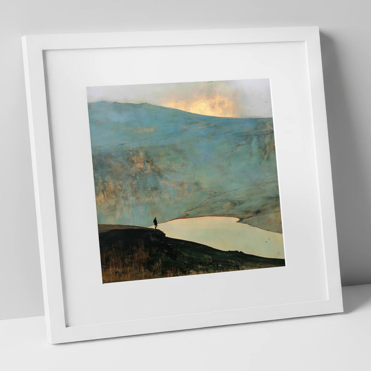 Helvellyn Walker and Golden Sky lake district fell art print in white frame