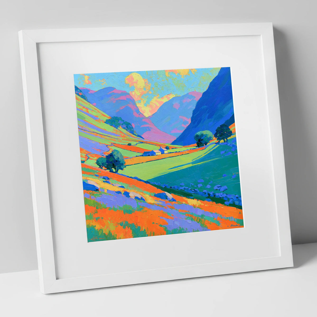 Valley Farm Beneath Bright Fells lake district valley art print in white frame