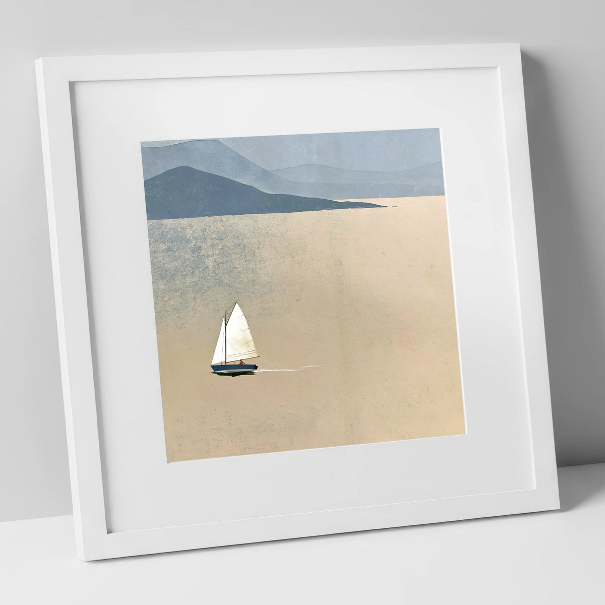 White Sail Across the Ochre Lake lake district walking art print in white frame