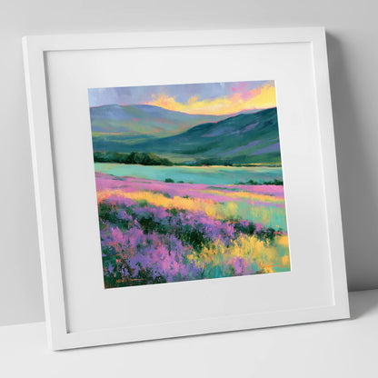 Purple Heather Fellside at Sunset flowers & fellsides art print in white frame