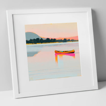 Bright Wooden Canoe on Windermere lake district lake art print in white frame