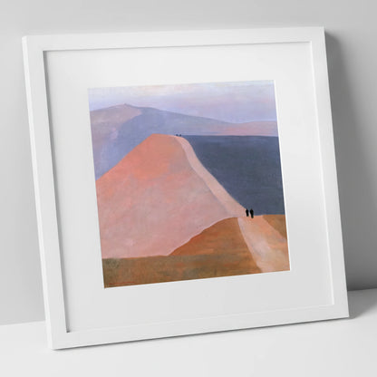 Walkers on a Pastel Mountain Ridge lake district walking art print in white frame