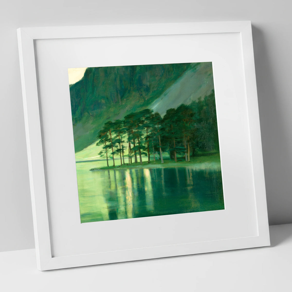Buttermere Pines in Emerald Light lake district lake art print in white frame