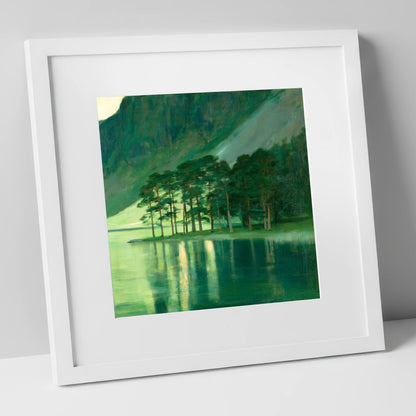 Buttermere Pines in Emerald Light lake district lake art print in white frame