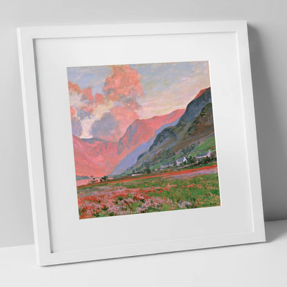 Radiant Pink Sunset Over Fells lake district fell art print in white frame