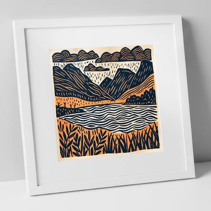 Dawn Lake In Navy And Terracotta lake district lake art print in white frame