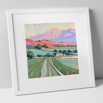 Golden Evening Fells and Farmland lake district sky art print in white frame