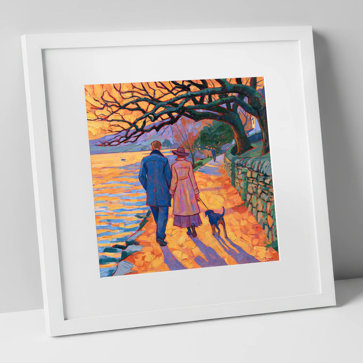 Sunset Dog Walk at Hawkshead gifts for dog walkers art print in white frame