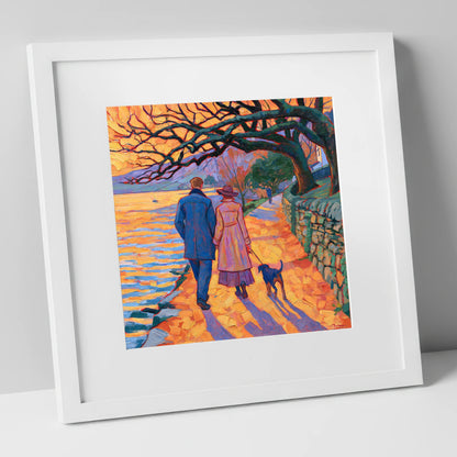 Sunset Dog Walk at Hawkshead gifts for dog walkers art print in white frame