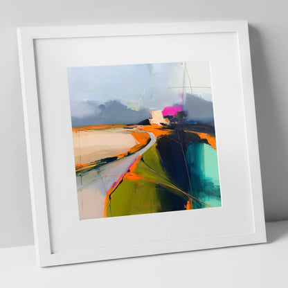 Mountain Pass Vivid Abstract lake district valley art print in white frame