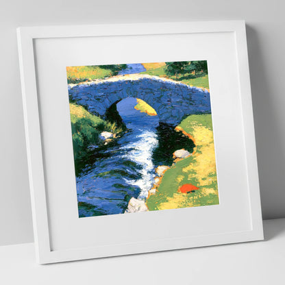 Sunlit Stone Bridge and Beck lake district waterfall art print in white frame