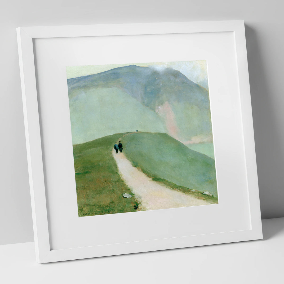 Walkers on a Hazy Fell Path lake district walking art print in white frame